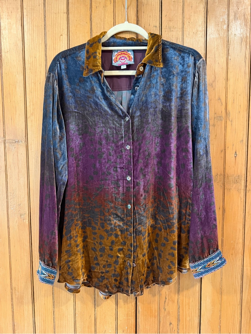 Johnny Was Ombre Velvet Button-Down Shirt in Purple and Brown with Blue Accents